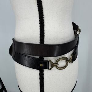 Fina Firenze Black Genuine Leather Chain link bras pewter finish Strappy Belt